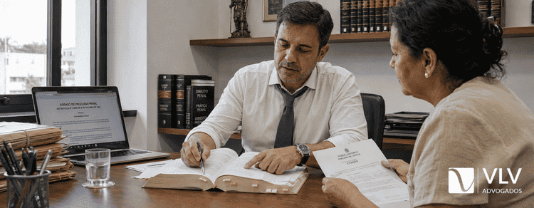 Advogado criminalista analisando processo e orientando cliente em escritório.