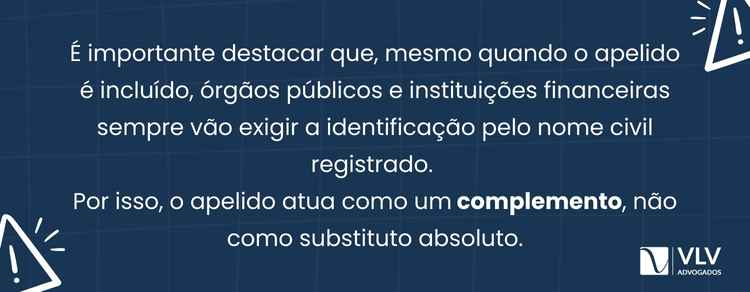 O apelido pode constar nos documentos junto ao nome completo.
