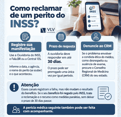 O que fazer quando o perito do INSS erra na perícia? 2 Infográfico com orientações para reclamar de um perito do INSS.