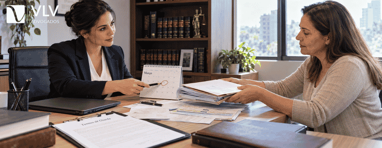 Pensão por morte para menor sob guarda: como pedir 3 Advogada analisando calendário e documentos com cliente.