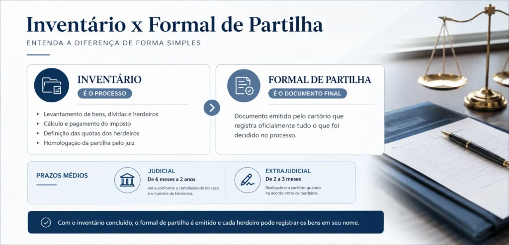 Infográfico comparando inventário e formal de partilha.