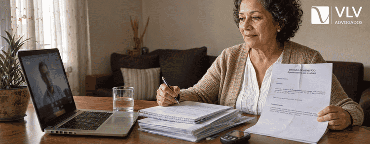 Teve o BPC LOAS por diabetes negado? Saiba o que fazer 4 Mulher em atendimento online com documentos do INSS e exames médicos organizados sobre a mesa.
