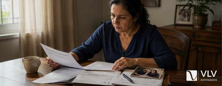 Mulher analisando documentos e fotos para comprovação de união estável.
