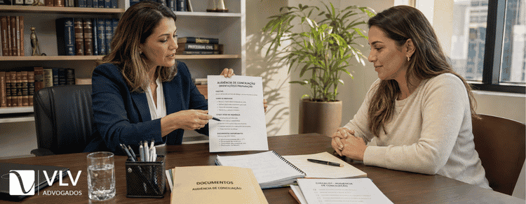 Audiência de conciliação: veja as melhores dicas! 3 Mulher se preparando para audiência de conciliação com auxilio de advogada