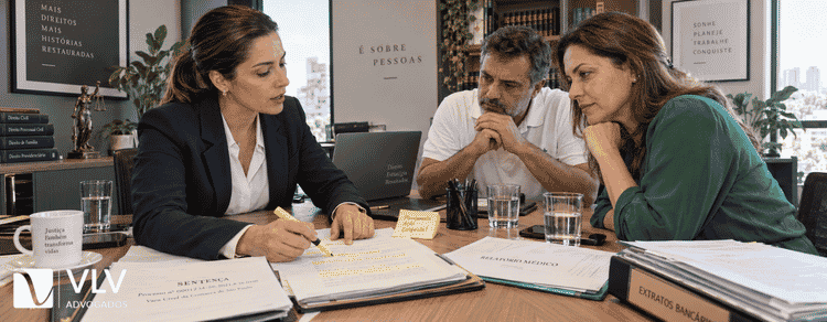 Curatela negada: o que fazer, como recorrer e prazos 2 Advogada destacando trechos da sentença e orientando dois irmãos sobre os próximos passos.