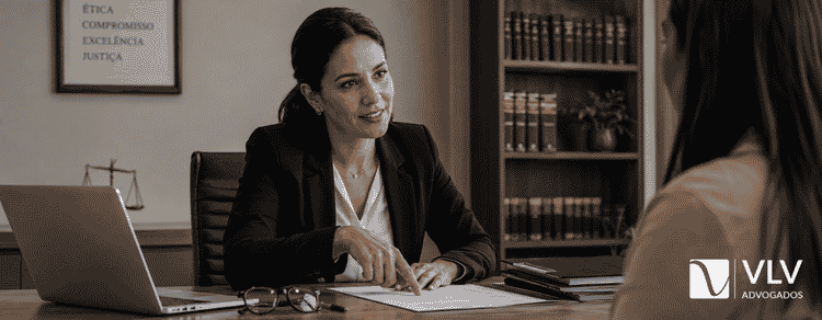 Advogada orientando cliente sobre caso de invasão de privacidade em escritório.