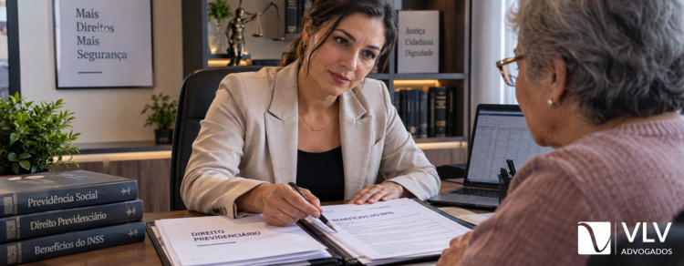 Extrato de pagamento INSS: como emitir e conferir 2 Advogada explicando documento previdenciário a cliente idoso
