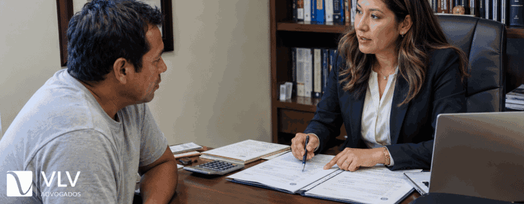 trabalhador não registrado conversando com advogada sobre o acerto trabalhista