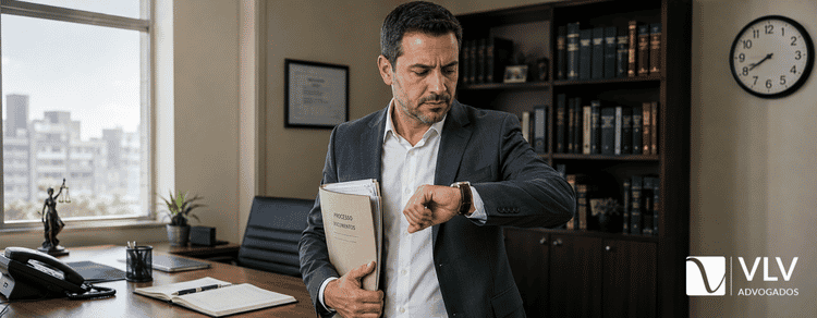 Prisão em flagrante: como funciona e quando é ilegal? 2 Advogado conferindo o relógio e pegando documentos, saindo para atender caso de prisão em flagrante.
