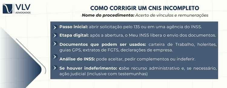 A correção do CNIS é chamada de acerto de vínculos e remunerações. 