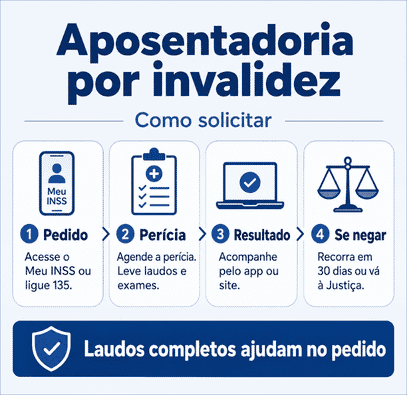 Aposentadoria por invalidez: requisitos e como solicitar! 2 Infográfico com o passo a passo para pedir aposentadoria por invalidez no INSS.