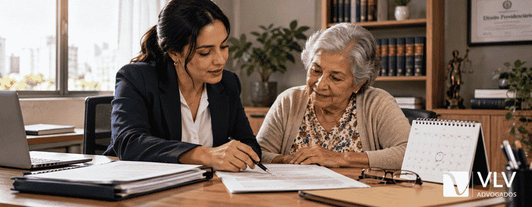 O que é prescrição e decadência previdenciária: prazos 2026 3 Advogada analisando documentos e prazos com segurada idosa.