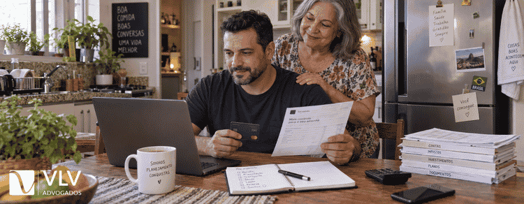 A curatela pode ser revertida? Veja quando e como pedir 3 Homem administrando as próprias finanças no notebook com a mãe apoiando ao lado.