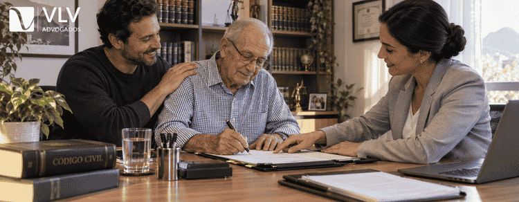 Curatela: o que é, como pedir e quanto custa? 3 Idoso assinando documento com apoio do filho e orientação de advogada no escritório