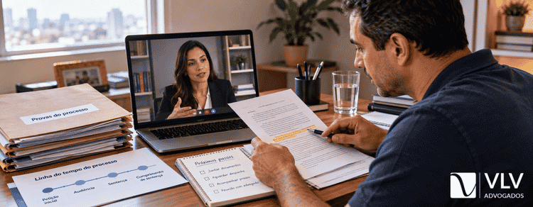 Decisão liminar: o que é, quando vale e o que vem depois 3 Homem organizando provas do processo em videochamada com advogada.