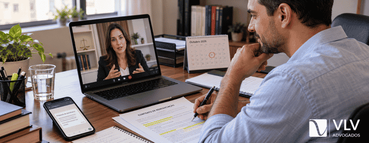 Homem recebendo orientação jurídica online enquanto revisa contrato de renegociação.