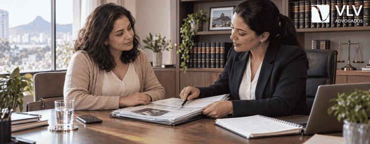 Salário-maternidade em caso de aborto: quem tem direito 3 Mulher recebendo orientação jurídica e organizando documentos após perda gestacional.