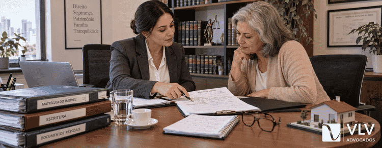 Advogada analisando documentos de adjudicação de imóvel com uma cliente