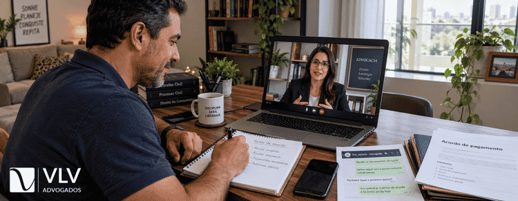 Homem conversando com advogada por videochamada e anotando orientações sobre dívida