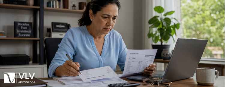 Mulher revisa extratos bancários e consulta saldos para acessar a conta de um falecido.