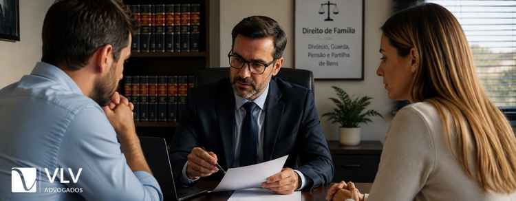 casal em divórcio judicial conversando com o advogado