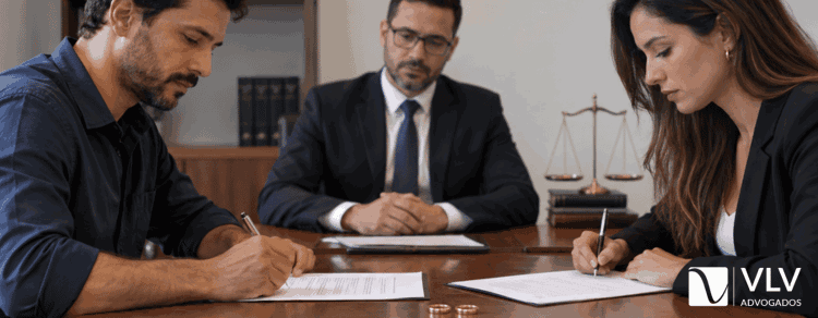 Divórcio sem bens e sem filhos: como fazer no cartório ou na Justiça 1 casal fazendo o divórcio sem bens e sem filhos