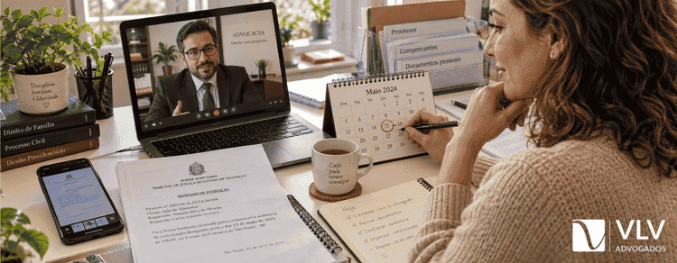 Mulher marcando prazo no calendário durante consulta online com advogado.