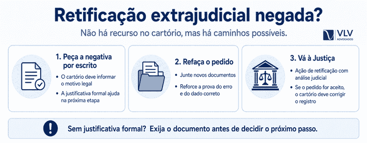 Retificação extrajudicial negada: o que fazer? 2 Infográfico mostra opções após negativa de retificação extrajudicial.
