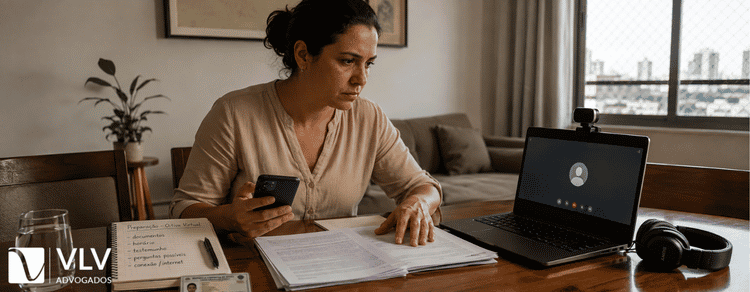 Mulher realizando acompanhamento de oitiva virtual