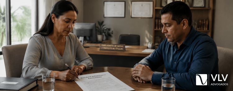 Acordo no divórcio: o que deve conter e como formalizar? Guia 2026! 1 Casal assinando acordo no divorcio