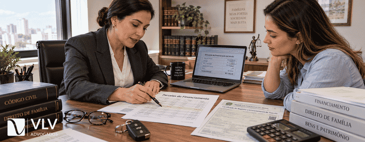 Carro entra na partilha de bens? Entenda quando o veículo é dividido no divórcio 2 Advogada analisando com cliente as parcelas do financiamento do carro para a partilha