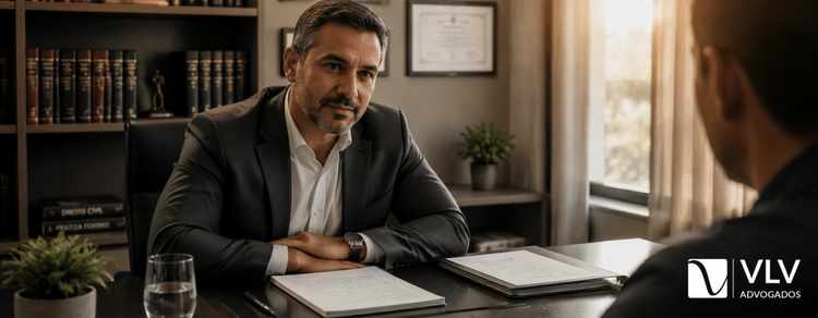 Acordo no divórcio: o que deve conter e como formalizar? Guia 2026! 3 avogado sentado à mesa em escritório, atendendo cliente em um caso de acordo no divórcio