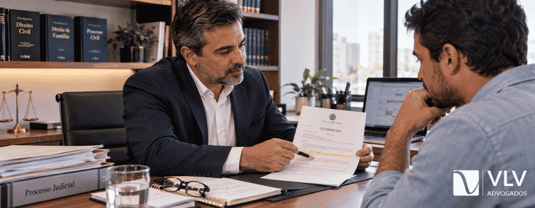 Posso ir a uma audiência sem advogado? Regras e riscos 2 Advogado explicando intimação ao cliente no escritório antes da audiência