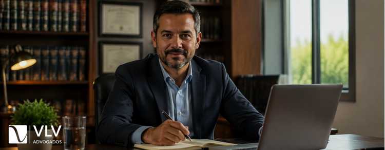 Advogado sentado em escritório, realizando consulta sobre divórcio cumulado com alimentos