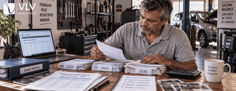 mecânico autônomo analisando seus documentos e contribuições para aposentadoria especial.