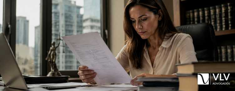 mulher revisando certidão de divórcio estrangeiro em escritório jurídico