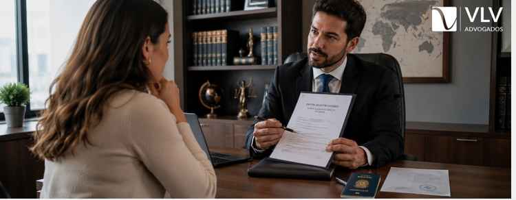 consultando advogado sobre regularização de divórcio no exterior em escritório jurídico.