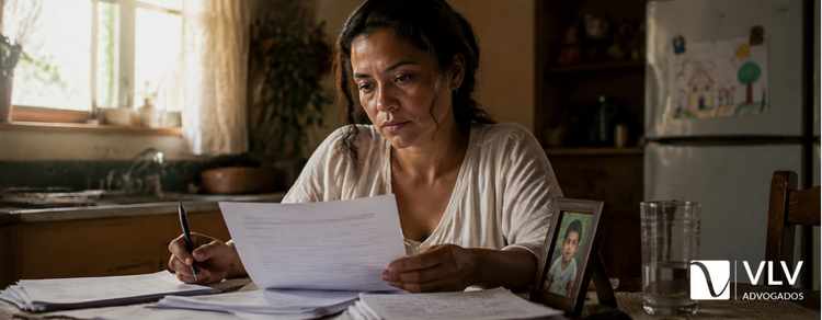 Mulher revisando documentos na cozinha com expressão concentrada.