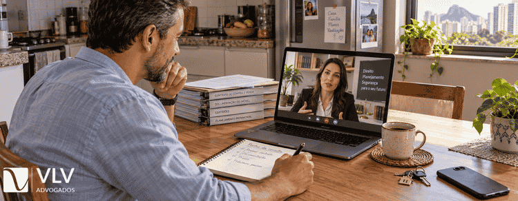 Preciso sair de casa no processo de divórcio? Entenda seus direitos e os riscos reais 3 Homem conversando com advogada por videochamada e anotando orientações sobre a saída de casa no divórcio.