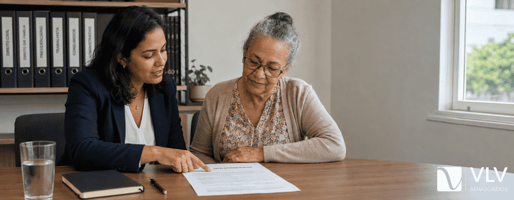 Acumular BPC LOAS e Bolsa Família: o que mudou no cálculo da renda e como não perder os dois? 3 Advogada explicando documento sobre BPC e Bolsa Família para senhora idosa durante atendimento