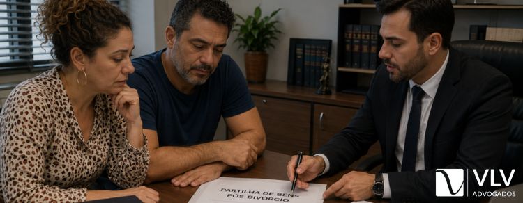 Partilha de bens após o divórcio: o que você precisa saber? 1 casal conversando com advogado sobre partilha de bens após divórcio