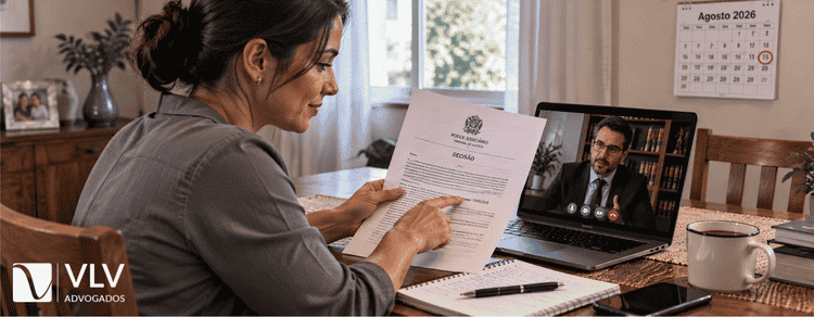 Recursos no processo penal: tipos, prazos e efeitos 2 Mulher conferindo data de intimação em decisão criminal durante videochamada com advogado.