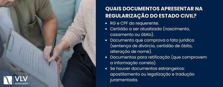 Regularização do estado civil: quando e como fazer 2 Em geral, são exigidos RG, CPF e a certidão que será regularizada.