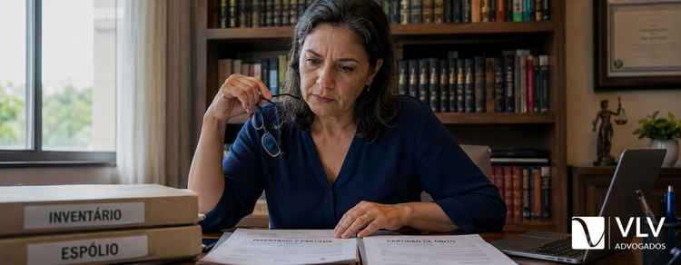União estável no inventário: como funciona? 1 Mulher analisando documentos de inventário em escritório jurídico.
