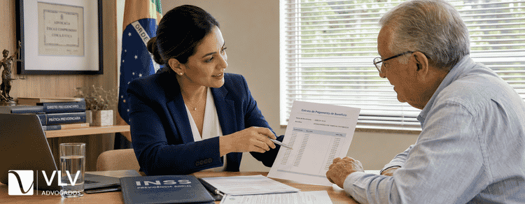 Reajuste do INSS 2026: veja os novos valores oficiais 2 Advogada explicando reajuste do INSS para cliente aposentado