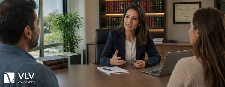 Regulamentação de guarda: o que é e como funciona a ação? 2 Advogada orienta casal em escritório sobre regulamentação de guarda.