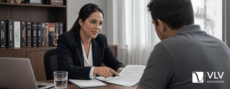 Demissão por justa causa: o que você recebe? Regras da CLT 3 Advogada trabalhista explicando documentos a cliente durante atendimento sobre demissão por justa causa