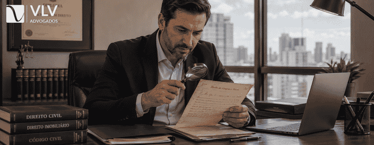 Advogado analisando documento com lupa para avaliar validade jurídica como justo título