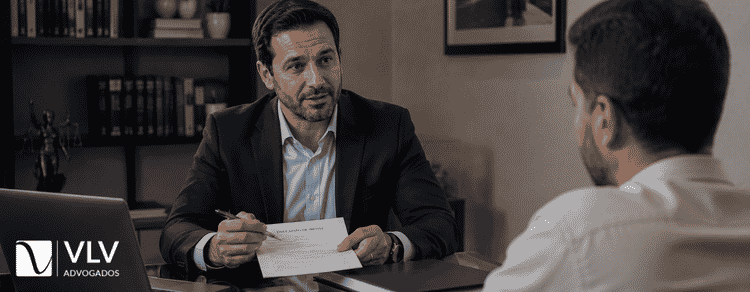 Tipos de posse na usucapião: Guia completo 2026 3 Advogado explicando documento de usucapião a um cliente em escritório.