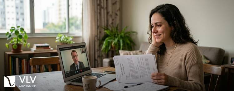 Mulher consultando advogado para divórcio online